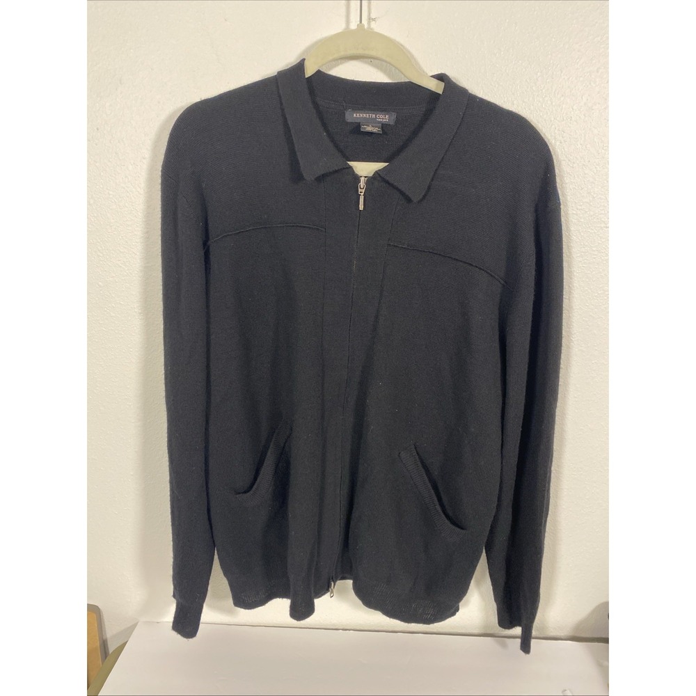 Kenneth Cole Men's Black Front Zip Sweater Pockets Large 50 % Merino Wool Z1‎